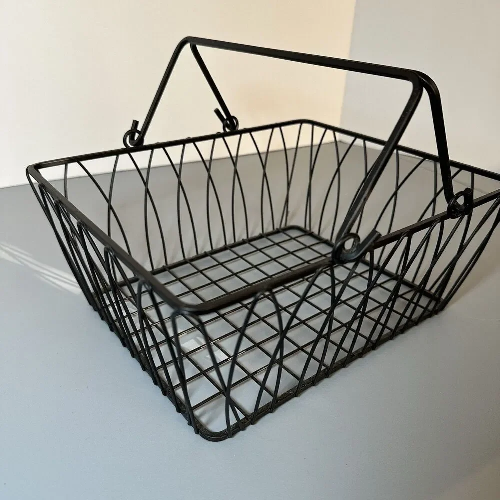 Black Wrought Iron Rectangle Storage Basket Open Design Handles 5.25” x 11” x 10